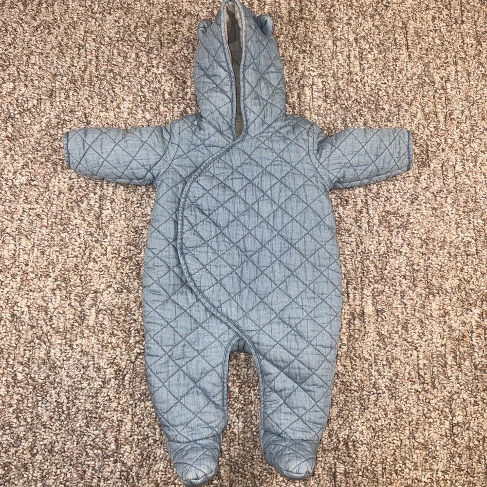 Baby Gap Qulited Chambray Bear Light Blue One-Piece Warm Winter Outfit 3-6 Month